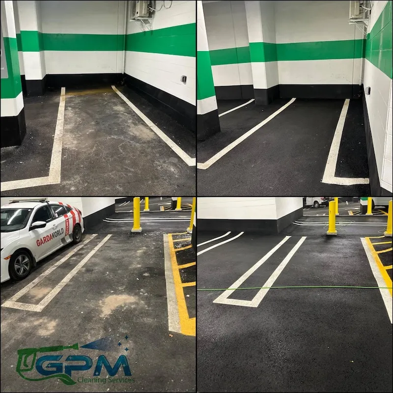Before and after pressure washing and line painting in an underground parking lot Side-by-side comparison showing a dirty parking area before and a clean, freshly painted space after pressure washing and line marking